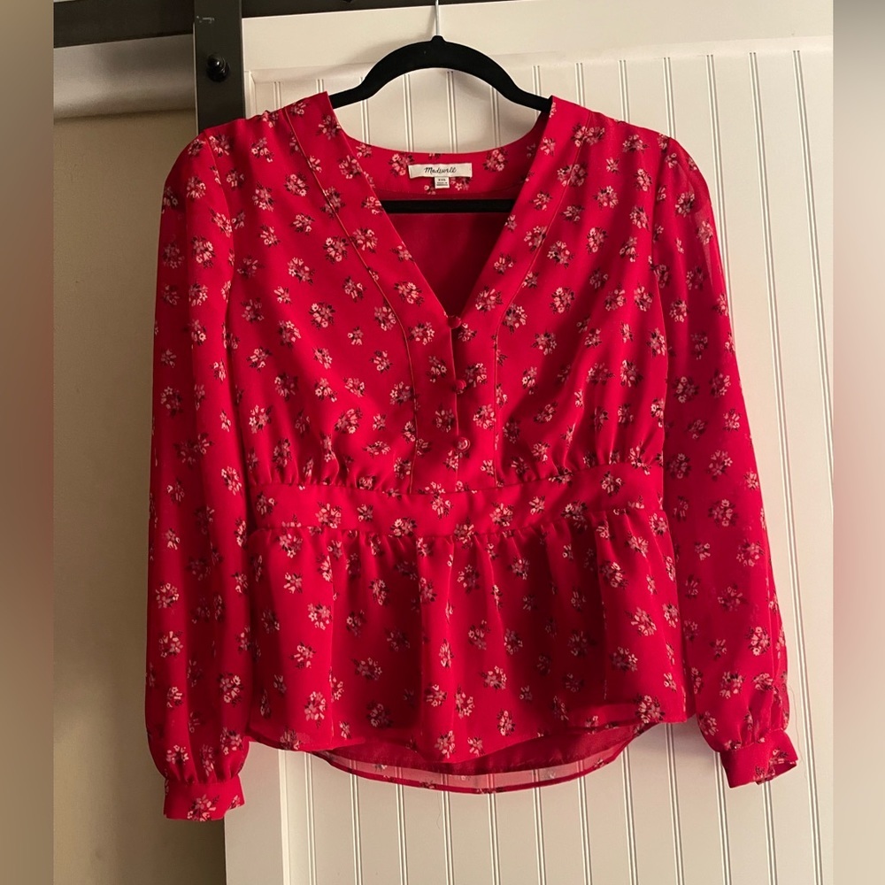 Madewell Red floral long sleeve Madewell blouse. Size XXS - Picture 3 of 10